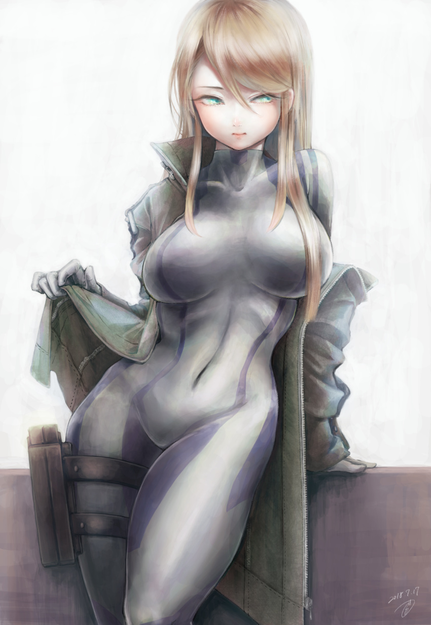 arm_support bangs blonde_hair blue_bodysuit bodysuit breasts closed_mouth coat coat_lift collarbone collared_coat commentary_request covered_navel dated gloves green_eyes hand_up high_collar highres hips holster impossible_bodysuit impossible_clothes lifted_by_self long_hair long_sleeves looking_to_the_side metroid motoji_(hamayarawa) off_shoulder open_clothes open_coat samus_aran signature skin_tight solo swept_bangs unzipped zero_suit zipper