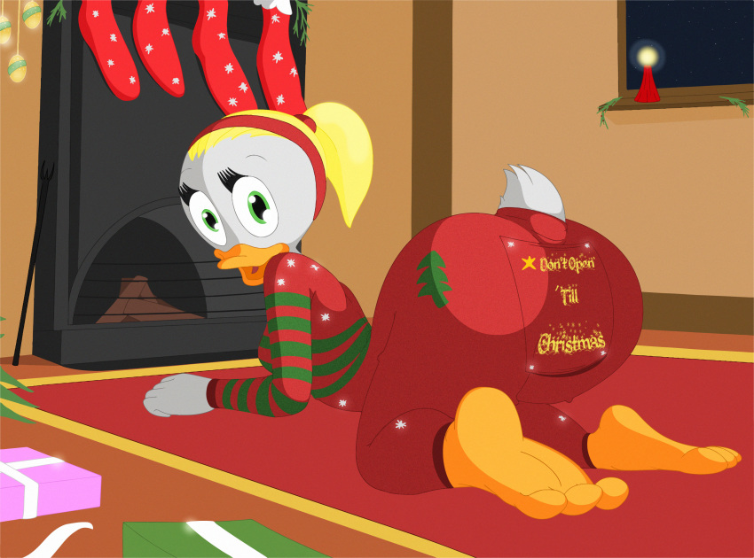 2015 all_fours anthro avian beak big_butt bird blonde_hair breasts butt christmas christmas_ornaments christmas_present clothed clothing detailed_background disney duck ducktits english_text female fully_clothed green_eyes hair hairband holidays looking_at_viewer looking_back may_duck open_mouth pajamas ponytail short_hair small_breasts solo text tongue