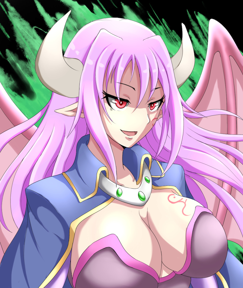 1girl alma_elma bangs breast_tattoo breasts cape cleavage demon_girl elbow_gloves gloves horns large_breasts long_hair mon-musu_quest! monster_girl pointy_ears purple_hair red_eyes revealing_clothes solo succubus tagme tattoo wings