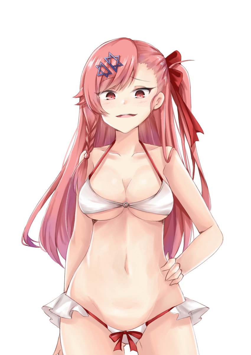 absurdres alternate_costume ass_visible_through_thighs bangs bikini blush bow braid breasts collarbone cowboy_shot eyebrows_visible_through_hair girls_frontline groin hair_between_eyes hair_bow hair_ornament hair_ribbon hairclip hakuya_(white_night) hand_on_hip hexagram highres long_hair looking_at_viewer negev_(girls_frontline) o-ring o-ring_top one_side_up open_mouth pink_hair red_bow red_eyes ribbon smile solo star_of_david swimsuit thighs transparent_background