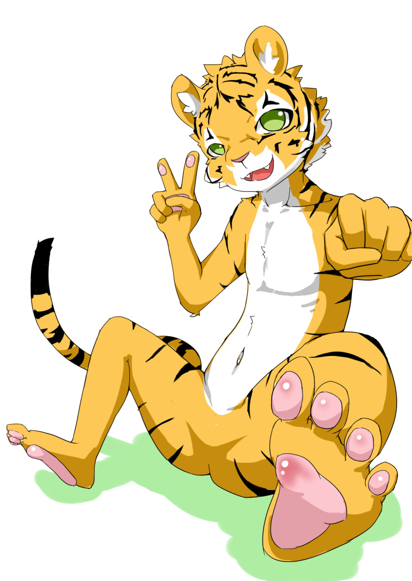 2015 alpha_channel anthro blush featureless_crotch feline green_eyes male mammal navel solo spread_legs spreading tiger young 超級小守鶴