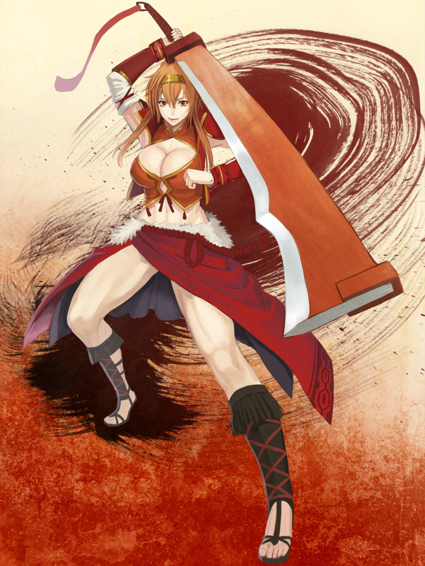 breasts cleavage damegane highres huge_weapon large_breasts long_hair navel orange_hair original personification red_eyes smile solo sword weapon zodiac