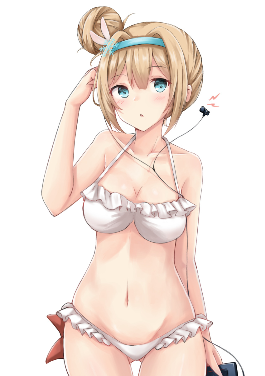 absurdres ass_visible_through_thighs bangs bikini blonde_hair blue_eyes blush breasts cleavage collarbone cowboy_shot earphones earphones_removed eyebrows_visible_through_hair girls_frontline groin hair_between_eyes hair_ornament hairband hakuya_(white_night) hand_on_own_head highres long_hair looking_at_viewer medium_breasts navel open_mouth sidelocks snowflake_hair_ornament solo stomach suomi_kp31_(girls_frontline) swimsuit thighs transparent_background white_bikini