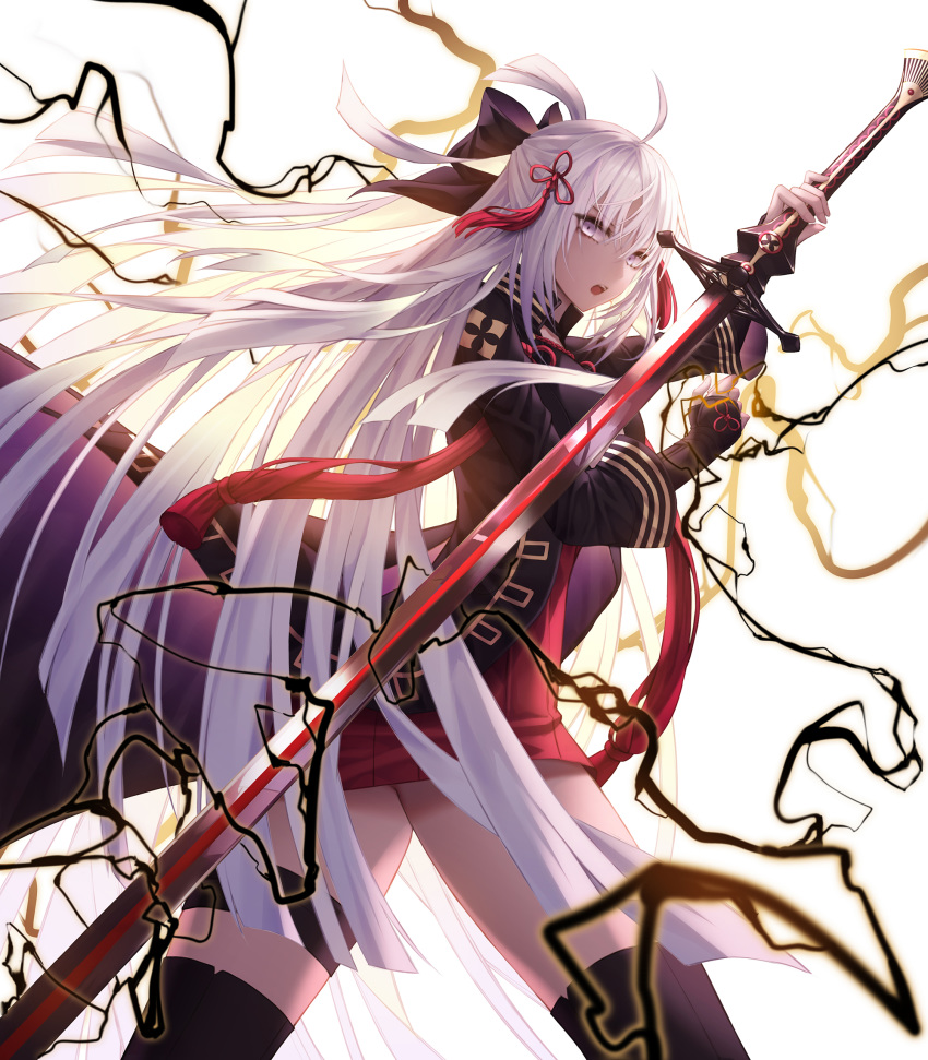 ahoge arm_guards bangs boots bow cecil86 cloak commentary dark_skin fate/grand_order fate_(series) hair_between_eyes hair_bow hair_ornament highres holding holding_sword holding_weapon katana lightning long_hair looking_at_viewer okita_souji_(alter)_(fate) okita_souji_(fate)_(all) open_mouth silver_eyes silver_hair simple_background solo standing sword tassel thigh_boots thighhighs very_long_hair weapon white_background