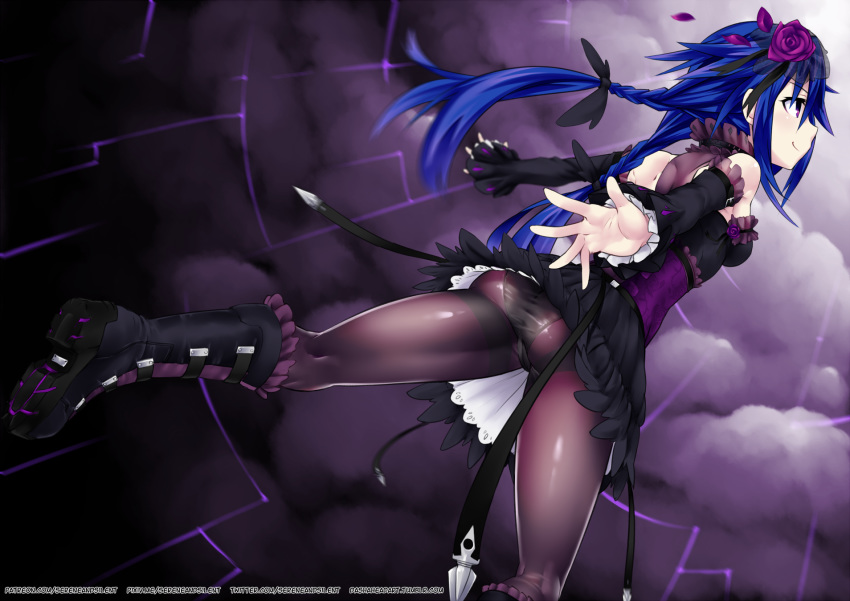 ankokuboshi_kurome arms_behind_back ass bare_shoulders blue_hair boots braid breasts commentary detached_sleeves dress flower from_behind gothic_lolita hair_flower hair_ornament highres knee_boots lolita_fashion long_hair looking_afar medium_breasts neptune_(series) outstretched_arms panties panties_under_pantyhose pantyhose purple_eyes sereneandsilent shin_jigen_game_neptune_vii smile solo thighs twin_braids twintails underwear