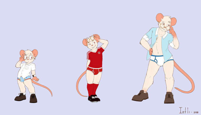 belt biscuit_(biscuits) briefs bulge child clothed clothing dress_shirt eyewear footwear fur glasses hands_on_hip iztli legwear male mammal model_sheet open_shirt rat red_eyes rodent shirt shoes simple_background socks solo standing teenager underwear white_fur young