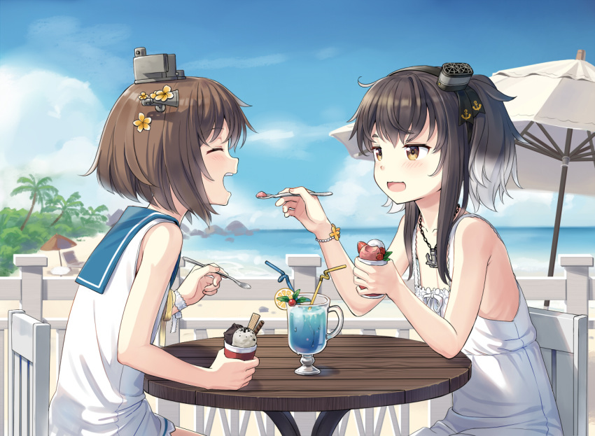 :3 :d ^_^ alternate_costume anchor_symbol bad_id bad_pixiv_id beach beach_umbrella bendy_straw black_hair bracelet brown_eyes brown_hair chair closed_eyes cnm cup day dress drinking_glass drinking_straw feeding flower food from_side gradient_hair grey_hair hair_flower hair_ornament hairband hat headgear holding holding_food holding_spoon ice_cream jewelry kantai_collection mini_hat multicolored_hair multiple_girls open_mouth outdoors profile sailor_dress short_hair short_hair_with_long_locks sidelocks sitting sleeveless sleeveless_dress smile spoon table tokitsukaze_(kantai_collection) umbrella white_dress yellow_flower yukikaze_(kantai_collection)
