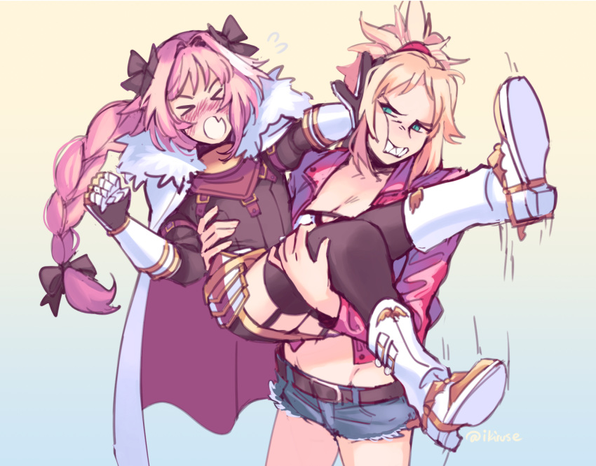 &gt;_&lt; &gt;o&lt; 1girl astolfo_(fate) bandeau belt black_bow black_ribbon blonde_hair bow braid cape carrying closed_eyes commentary commission denim denim_shorts english_commentary fang fate/apocrypha fate_(series) french_braid fur_trim garter_straps gradient gradient_background hair_intakes hair_ornament hair_ribbon hair_scrunchie hand_on_another's_cheek hand_on_another's_face ikiruse jacket kicking long_braid long_hair looking_at_another mordred_(fate) mordred_(fate)_(all) multicolored_hair otoko_no_ko pink_hair ponytail princess_carry pushing pushing_away red_jacket red_scrunchie ribbon scrunchie shorts signature single_braid streaked_hair thighhighs