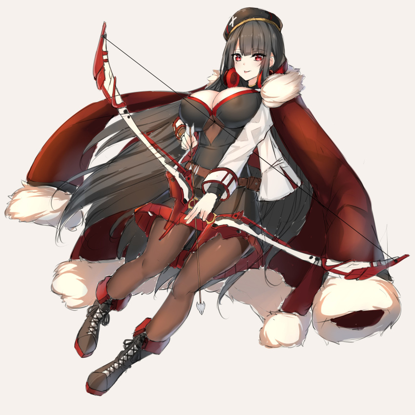 :p absurdres arrow bangs beret black_dress black_footwear black_hair black_hat boots bow_(weapon) breasts brown_background brown_legwear chixiao cleavage closed_mouth coat commentary cross-laced_footwear dress eyebrows_visible_through_hair full_body fur-trimmed_coat fur-trimmed_sleeves fur_trim hat headphones headphones_around_neck highres holding holding_arrow holding_bow_(weapon) holding_weapon jacket_on_shoulders lace-up_boots large_breasts long_hair long_sleeves looking_at_viewer original pantyhose red_coat red_eyes simple_background smile solo tongue tongue_out very_long_hair weapon