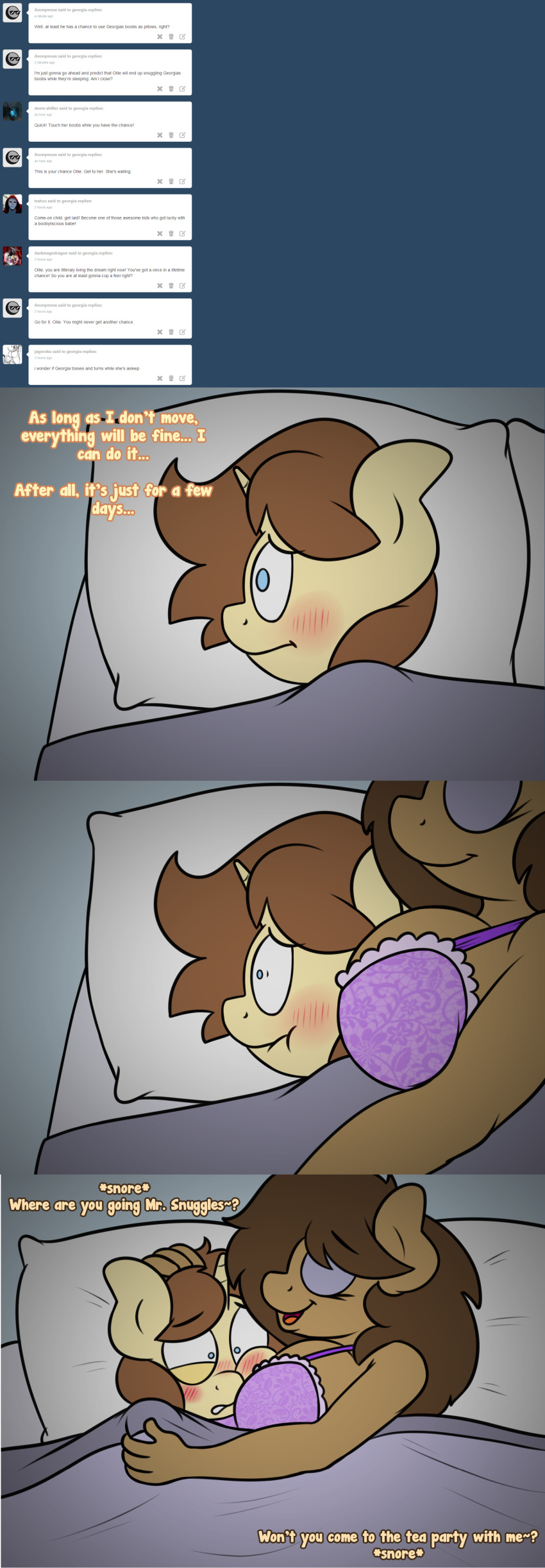 absurd_res anthro blush breasts cleavage clothed clothing comic english_text equine fan_character female georgia_lockheart hi_res horn male mammal my_little_pony nightgown oliver_cotter stunnerpony text tumblr unicorn