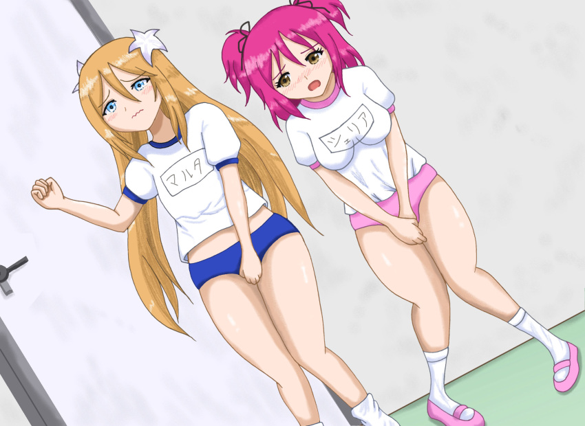 2girls between_legs black_ribbon blonde_hair blue_buruma blue_eyes blush breasts buruma character_name cheria_barnes clothes_writing door dutch_angle embarrassed eyebrows_visible_through_hair female flat_chest flower full_body gym_uniform hair_flower hair_ornament hair_ribbon hand_between_legs hand_up hands_together have_to_pee highres indoors japanese_text knees_together_feet_apart knocking long_hair medium_breasts multiple_girls nose_blush open_mouth pigeon-toed pink_buruma pink_footwear ribbon saint_martha shiny shiny_hair shiny_skin shirt shoes short_hair short_sleeves short_twintails socks standing tales_of_(series) tales_of_graces tears tetsu_kurosu tied_hair translated twintails uniform v_arms wavy_mouth white_flower white_legwear white_shirt yellow_eyes