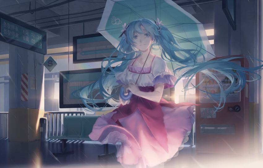 bangs bench blue_eyes blue_hair bottle breasts can character_name closed_mouth collarbone commentary_request flower green_umbrella hair_flower hair_ornament hatsune_miku holding holding_umbrella indoors long_hair looking_at_viewer melt_(vocaloid) pink_skirt puffy_short_sleeves puffy_sleeves railing shirt short_sleeves skirt small_breasts solo spencer_sais transparent transparent_umbrella twintails umbrella vending_machine very_long_hair vocaloid white_flower white_shirt