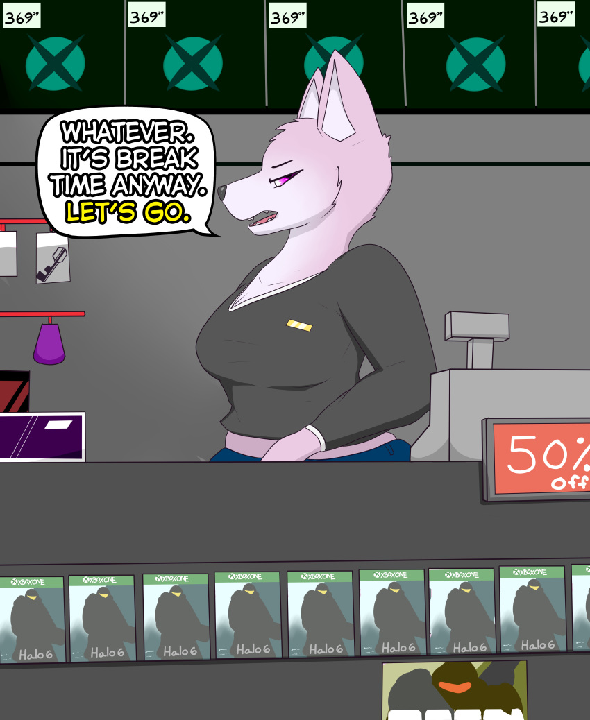 2018 absurd_res angry anthro breasts canine cashier comic dialogue english_text female fur halo_(series) hi_res mammal microsoft pink_fur privvys-art purple_eyes solo speech_bubble talking_to_viewer text video_games xbox