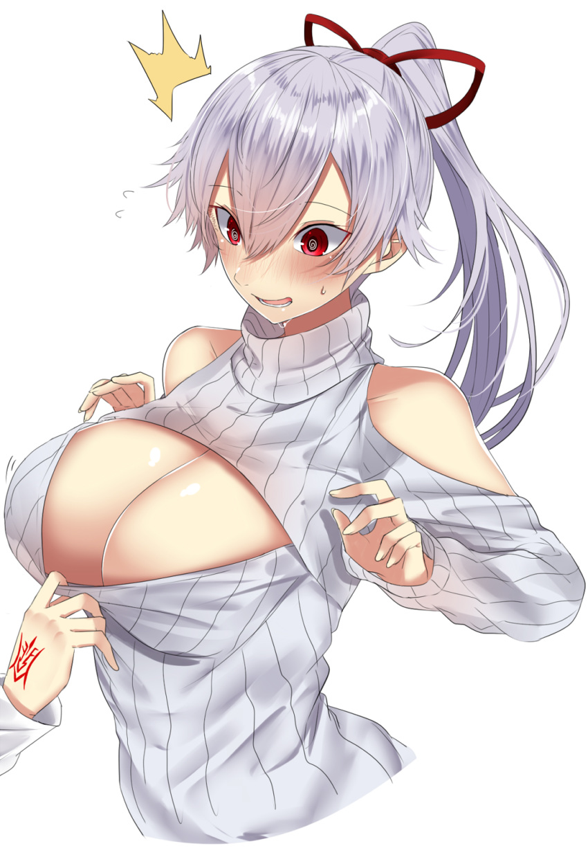 1girl @_@ bangs bare_shoulders blush breasts cleavage cleavage_cutout clothes_pull collarbone command_spell commentary dress eyebrows_visible_through_hair fate/grand_order fate_(series) fingernails flying_sweatdrops grey_sweater hair_between_eyes hair_ornament hair_ribbon hands hands_up highres large_breasts long_fingernails long_hair long_sleeves meme_attire nose_blush onineko-chan open-chest_sweater open_mouth out_of_frame ponytail red_eyes red_ribbon ribbed_sweater ribbon shiny shiny_skin shoulder_cutout silver_hair simple_background sleeves_past_wrists solo_focus surprised sweat sweatdrop sweater sweater_dress sweater_pull teeth tomoe_gozen_(fate/grand_order) turtleneck turtleneck_sweater upper_body white_background
