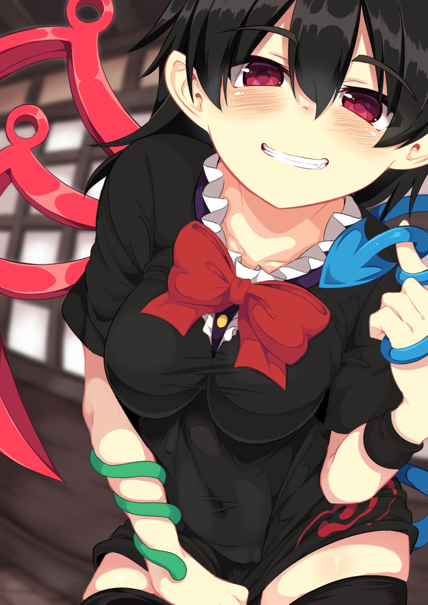asymmetrical_wings black_dress black_hair blue_wings blurry blurry_background blush bow bowtie breasts cameltoe center_frills collarbone commentary_request covered_navel disconnected_mouth dress dress_tug eyebrows_visible_through_hair fang grin hair_between_eyes half-closed_eyes hand_up highres houjuu_nue index_finger_raised lolimate looking_at_viewer medium_breasts microdress pointy_ears red_bow red_eyes red_neckwear red_wings short_hair short_sleeves skindentation smile snake solo taut_clothes taut_dress thighhighs thighs touhou wings wristband zettai_ryouiki