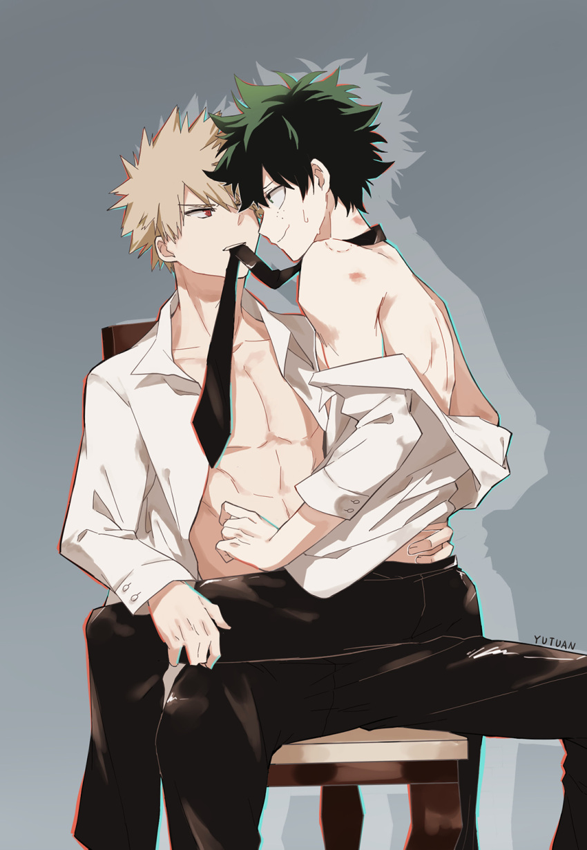 bakugou_katsuki boku_no_hero_academia liyuchen1126 male midoriya_izuku open_shirt yaoi