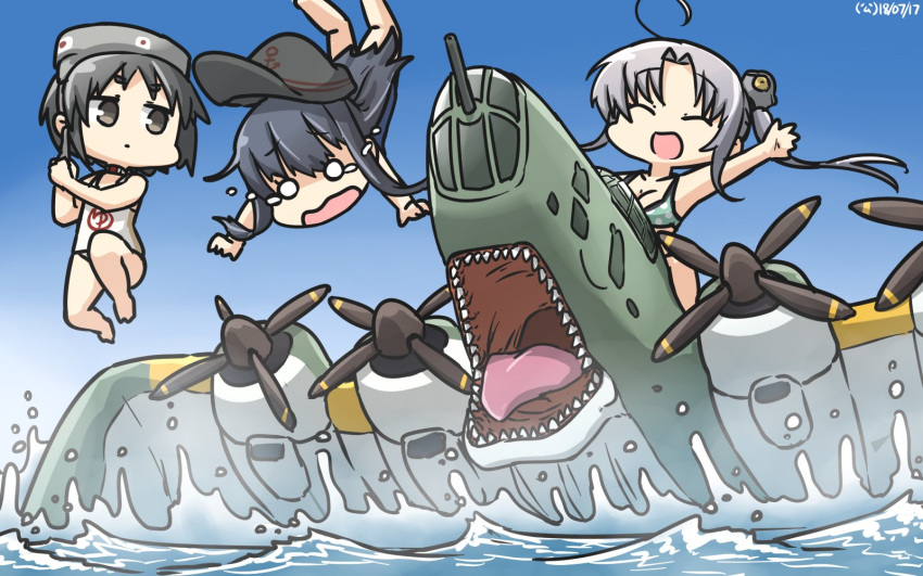 ahoge aircraft airplane akatsuki_(kantai_collection) akitsushima_(kantai_collection) black_hair blue_sky brown_eyes chibi closed_eyes commentary day diving_mask diving_mask_on_head flat_cap flying_boat gradient_sky grey_hair hamu_koutarou hat highres kantai_collection long_hair maru-yu_(kantai_collection) multiple_girls nishikitaitei-chan open_mouth outdoors remodel_(kantai_collection) riding school_swimsuit sharp_teeth short_hair side_ponytail sidelocks sky swimsuit tears teeth waves white_school_swimsuit white_swimsuit
