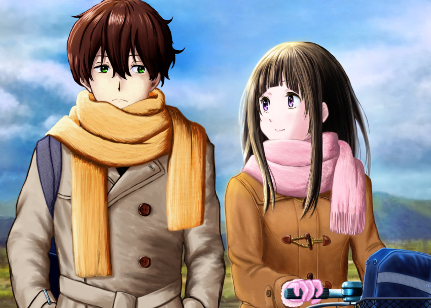 1girl arms_at_sides bag bangs bicycle bicycle_basket black_hair blue_sky bookbag brown_hair brown_jacket chitanda_eru day duffel_coat gloves green_eyes ground_vehicle hair_between_eyes hyouka jacket long_hair looking_at_another oreki_houtarou outdoors pink_gloves pink_scarf purple_eyes scarf sideways_glance sky t-3_design yellow_scarf