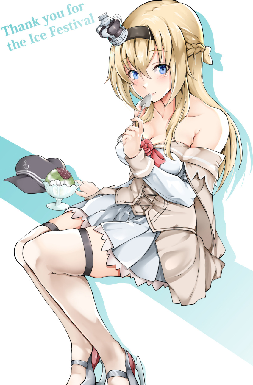 bangs bare_shoulders blonde_hair blue_eyes blush braid breasts commentary_request corset crown dress eyebrows_visible_through_hair flower french_braid garter_straps hair_between_eyes hairband hat high_heels highres holding holding_spoon ice_skates jewelry kantai_collection long_hair long_sleeves mary_janes medium_breasts mini_crown necklace off-shoulder_dress off_shoulder red_flower red_ribbon red_rose ribbon rose sezoku shaved_ice shoes sidelocks sitting skates skindentation smile solo spoon thighhighs tilted_headwear warspite_(kantai_collection) white_dress white_legwear