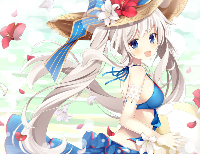 :d ball bangs beachball bikini blue_bikini blue_bow blue_eyes blush bow breasts brown_hat commentary eyebrows_visible_through_hair fate/grand_order fate_(series) flower hat hat_bow hat_flower holding holding_ball jewelry long_hair looking_at_viewer looking_to_the_side maccha marie_antoinette_(fate/grand_order) marie_antoinette_(swimsuit_caster)_(fate) medium_breasts open_mouth pendant petals red_flower silver_hair smile solo striped striped_bow swimsuit twintails very_long_hair white_flower