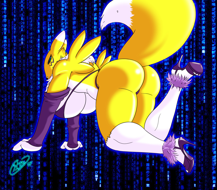 2017 absurd_res anthro big_breasts big_butt bikini breasts butt canine clothed clothing digimon digital_media_(artwork) female footwear fur hi_res high_heels krocialblack looking_at_viewer mammal open_mouth renamon shoes solo swimsuit white_fur