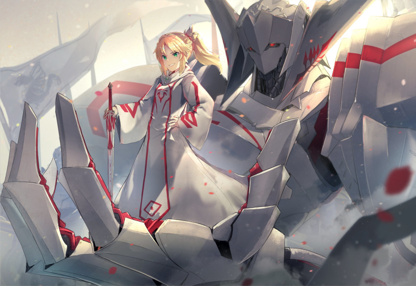 alternate_costume armor banner blonde_hair clarent commentary fate/apocrypha fate_(series) five_star_stories glowing glowing_eyes green_eyes hand_on_hilt hand_on_hip highres isegawa_yasutaka long_sleeves mecha mordred_(fate) mordred_(fate)_(all) mortar_headd petals ponytail red_scrunchie scrunchie smile standing