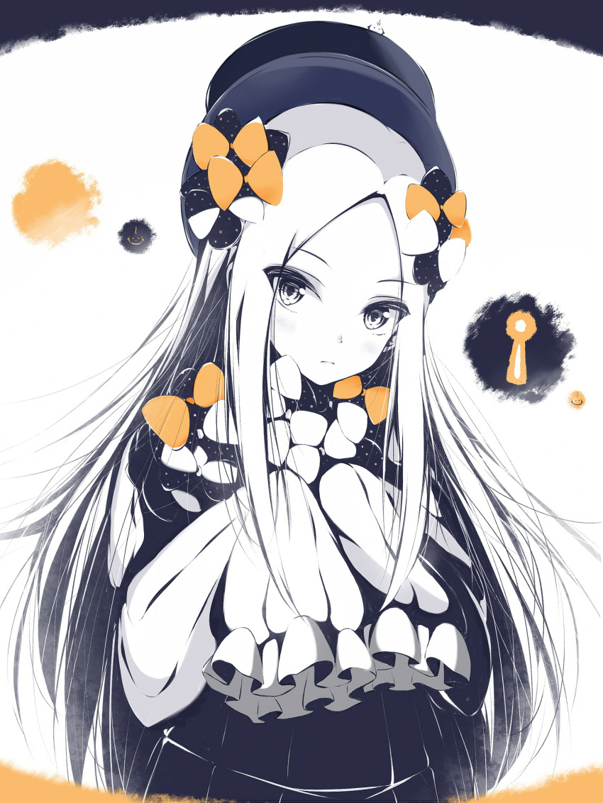 abigail_williams_(fate/grand_order) absurdres bangs black_bow black_dress black_hat blonde_hair blue_eyes blush bow closed_mouth commentary dress eyebrows_visible_through_hair fate/grand_order fate_(series) forehead hair_bow hands_up hat head_tilt highres keyhole lkuinlk12 long_hair long_sleeves looking_at_viewer orange_bow parted_bangs polka_dot polka_dot_bow sleeves_past_fingers sleeves_past_wrists solo very_long_hair white_bow