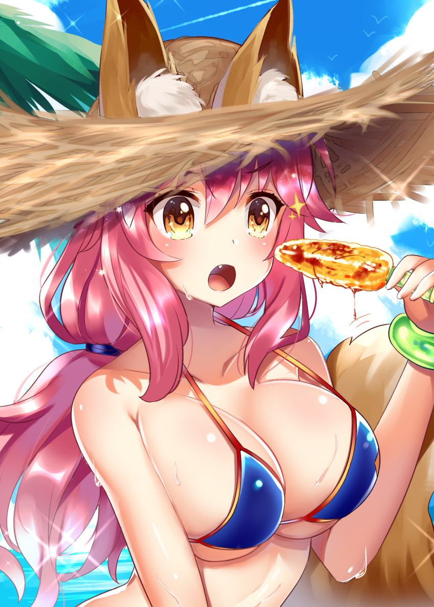 absurdres animal_ear_fluff animal_ears bangs bare_shoulders bikini blue_bikini blue_sky blush breasts brown_eyes cleavage cloud cloudy_sky collarbone commentary day ears_through_headwear eyebrows_visible_through_hair fang fate/grand_order fate_(series) fingernails food fox_ears fox_girl fox_tail hair_between_eyes hand_up hat highres holding holding_food horizon kisaragi_saki large_breasts long_hair ocean open_mouth outdoors pink_hair sky solo straw_hat swimsuit tail tamamo_(fate)_(all) tamamo_no_mae_(swimsuit_lancer)_(fate) water wet