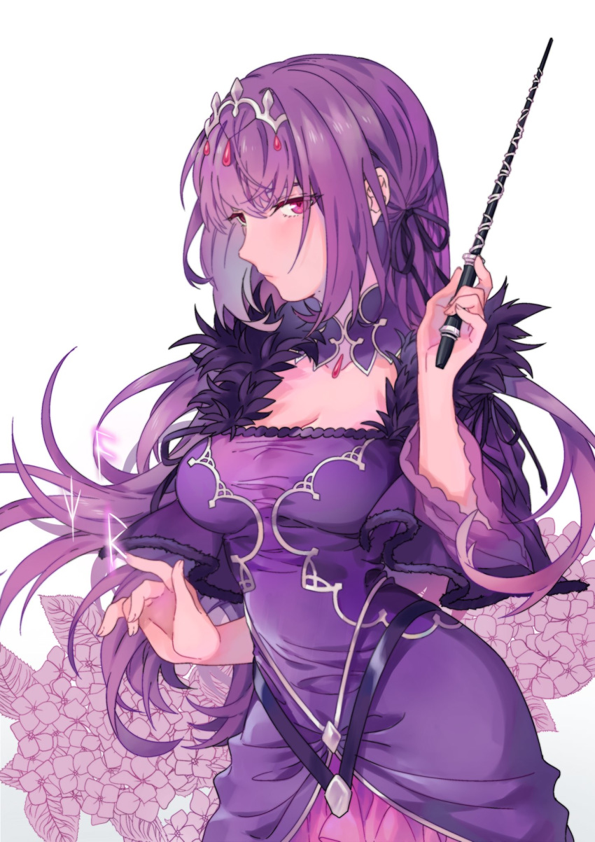 bangs breasts cleavage commentary_request dress fate/grand_order fate_(series) flower fur_trim hair_between_eyes headpiece highres jewelry large_breasts long_hair looking_at_viewer o0platinum0o purple_dress purple_hair red_eyes runes scathach_(fate)_(all) scathach_skadi_(fate/grand_order) solo tiara wand white_background