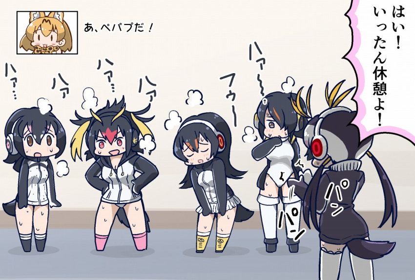6+girls :d animal_ears arms_at_sides bird_tail black_hair blonde_hair bow bowtie brown_eyes chibi clapping closed_eyes emperor_penguin_(kemono_friends) gentoo_penguin_(kemono_friends) hair_over_one_eye hands_on_hips headphones humboldt_penguin_(kemono_friends) indoors jacket kemono_friends long_hair long_sleeves looking_at_another multicolored_hair multiple_girls no_nose open_mouth orange_hair penguins_performance_project_(kemono_friends) pink_hair print_neckwear red_eyes red_hair rockhopper_penguin_(kemono_friends) royal_penguin_(kemono_friends) serval_(kemono_friends) serval_ears serval_print short_hair skirt smile standing sweat tail tanaka_kusao thighhighs translated twintails white_hair