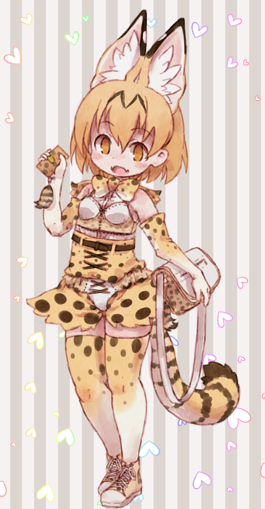 :d absurdres adapted_costume animal_ears bag bare_shoulders belt blonde_hair blush boots bow bowtie check_commentary commentary_request elbow_gloves eyebrows_visible_through_hair fangs gloves handbag heart high-waist_skirt highres kemono_friends kolshica lingerie multicolored_hair open_mouth serval_(kemono_friends) serval_ears serval_print serval_tail short_hair skirt sleeveless smile solo tail thighhighs underwear you're_doing_it_wrong