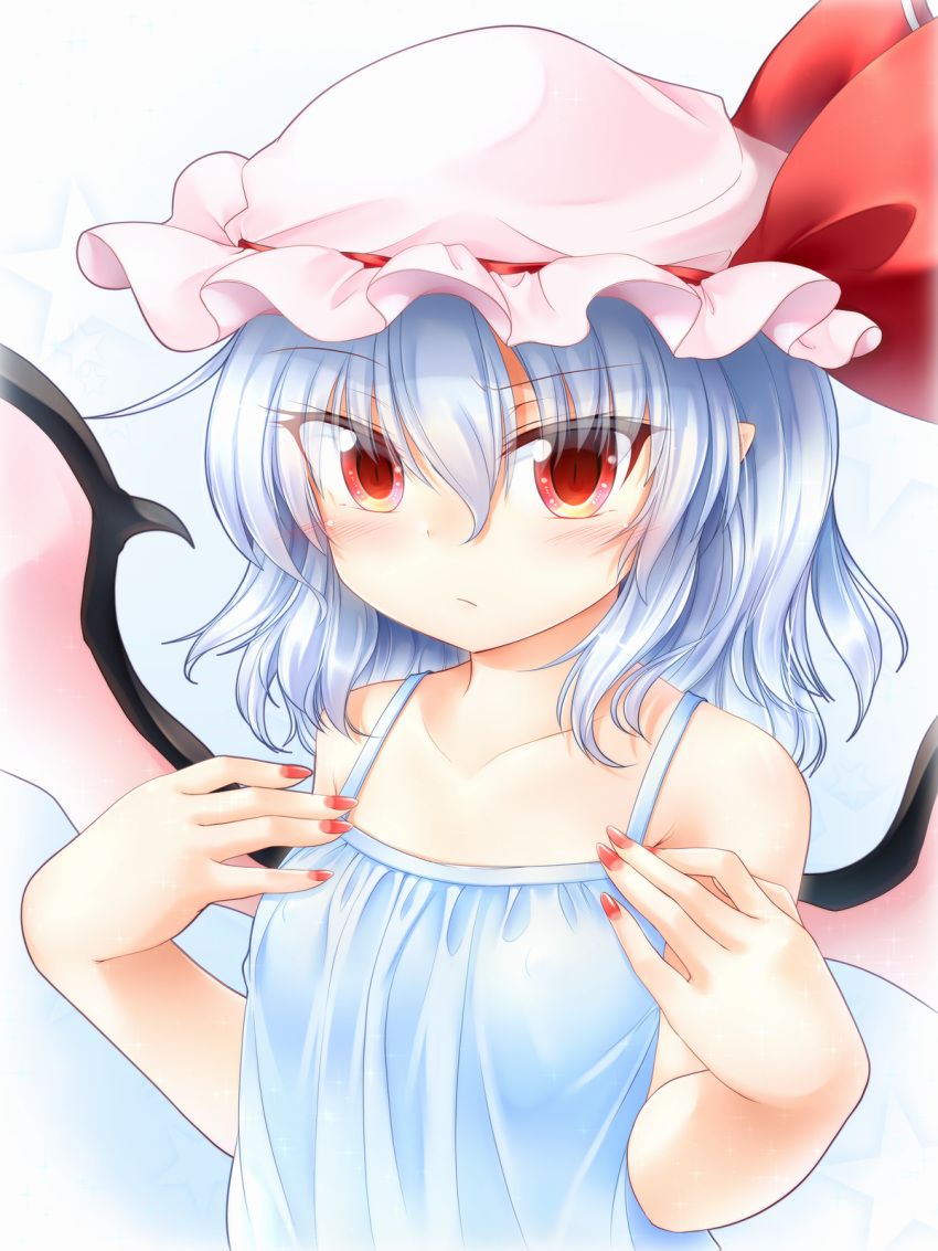 :/ alternate_costume armpit_crease arms_up bare_arms bat_wings blue_background blue_camisole blue_hair blush breasts camisole collarbone commentary_request covered_nipples eyebrows_visible_through_hair frown gradient gradient_background hair_between_eyes hands_on_own_chest hat hat_ribbon highres looking_at_viewer m9kndi mob_cap nail_polish pointy_ears red_eyes red_nails remilia_scarlet ribbon short_hair slit_pupils small_breasts solo star touhou upper_body wings