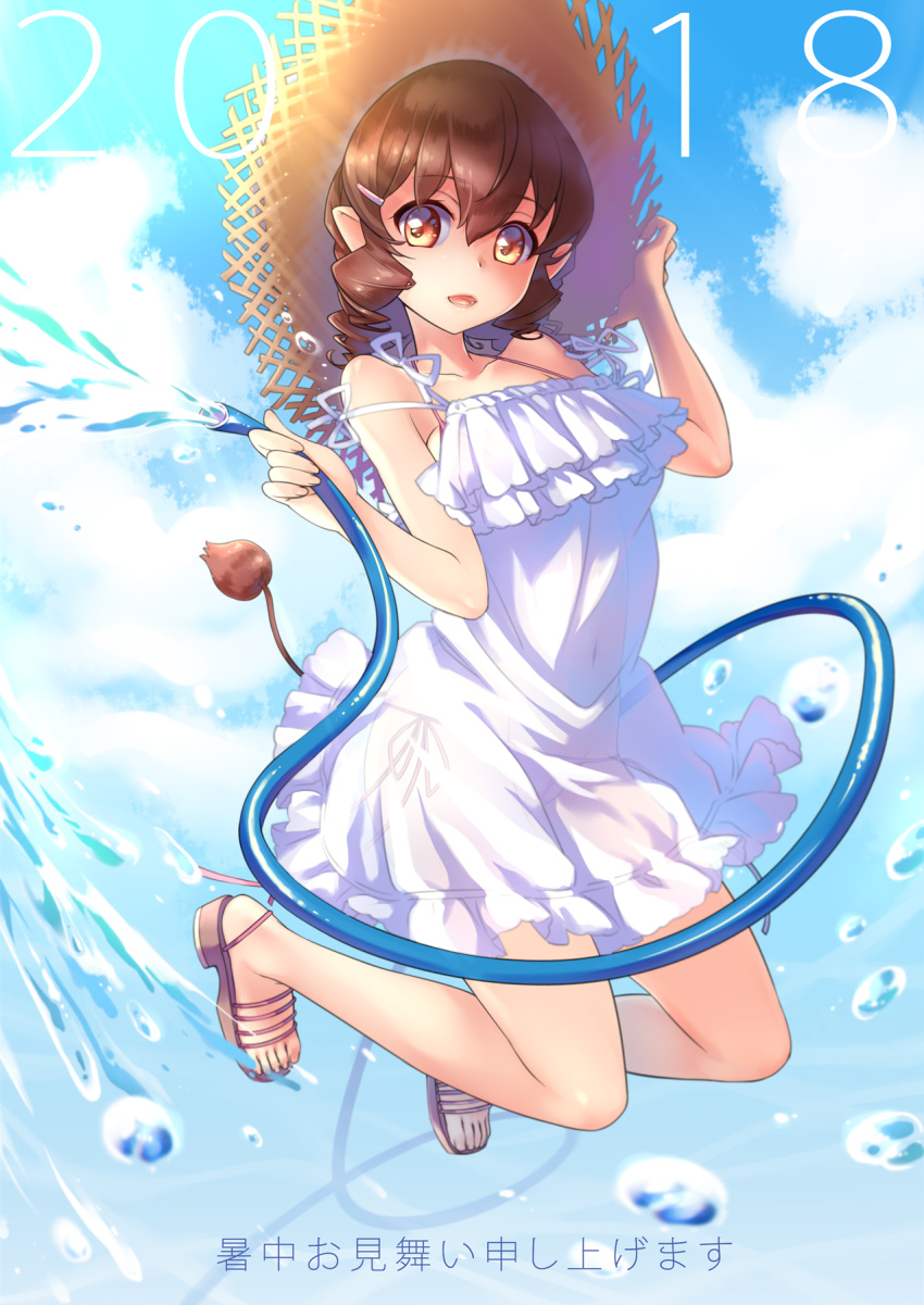 2018 brown_eyes brown_hair collarbone dress drill_hair eyebrows_visible_through_hair hair_ornament hairclip hand_on_headwear hat highres hose kawagoe_pochi looking_at_viewer open_mouth original pointy_ears sandals short_hair solo sundress tail twin_drills water white_dress