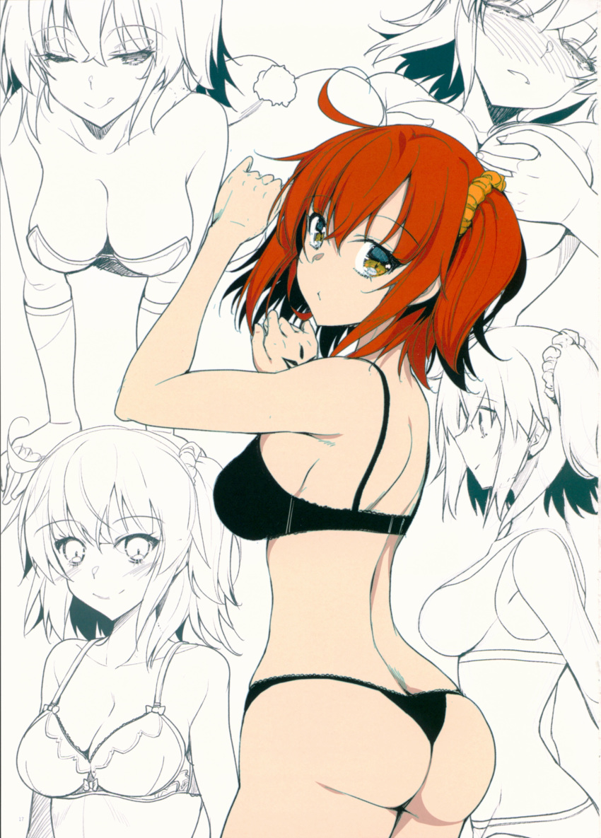 absurdres akahito ass black_bra black_panties bra breasts cleavage closed_mouth fate/grand_order fate_(series) from_behind fujimaru_ritsuka_(female) highres lingerie looking_at_viewer looking_back medium_breasts multiple_views orange_hair page_number panties scan simple_background tongue tongue_out underwear white_background yellow_eyes zoom_layer