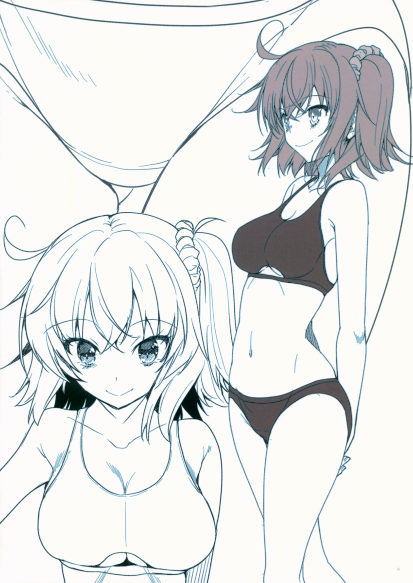 absurdres akahito arms_behind_back ass_visible_through_thighs bangs breasts closed_mouth collarbone eyebrows_visible_through_hair fate/grand_order fate_(series) fujimaru_ritsuka_(female) greyscale highres medium_breasts monochrome multiple_views navel page_number scan side_ponytail simple_background smile swimsuit tankini white_background zoom_layer