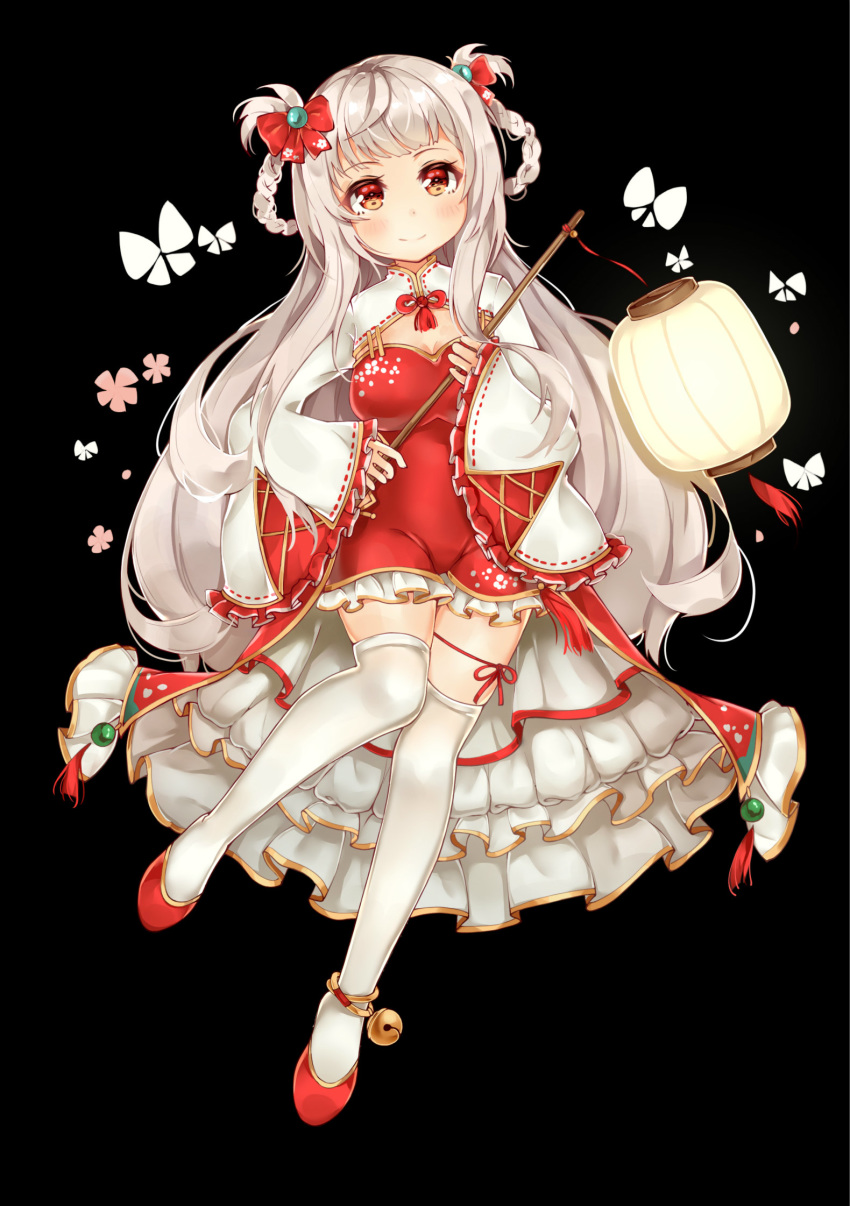 ankle_bell black_background blush bug butterfly changchun_(zhan_jian_shao_nyu) chinese_commentary commentary_request frills highres insect lamp looking_at_viewer orange_eyes ribbon silver_hair situmey skindentation solo thigh_ribbon thighhighs white_legwear zhan_jian_shao_nyu