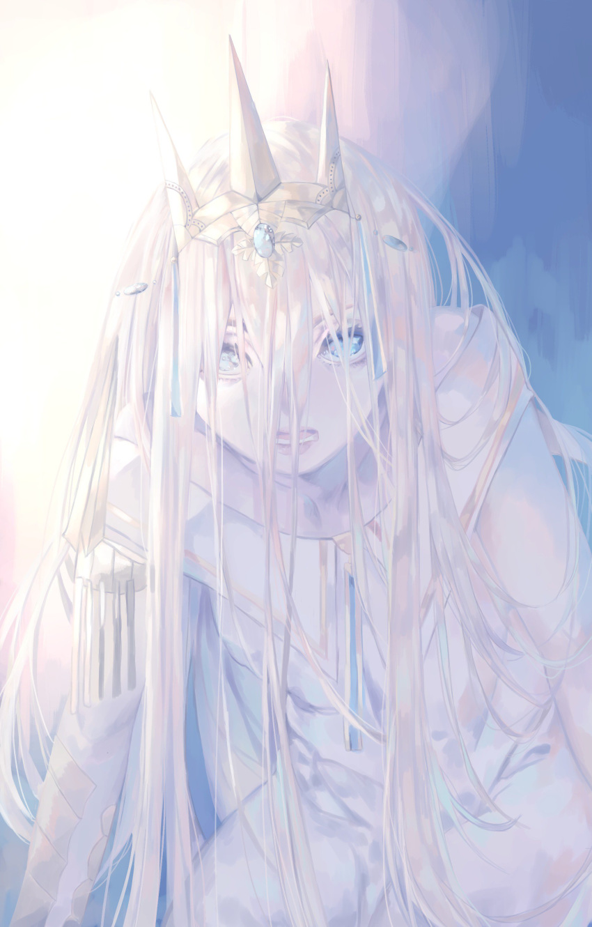 absurdres blue blue_background blue_eyes crown fortisselle gradient gradient_background highres long_hair looking_at_viewer muted_color open_mouth sophia_(the_champion) the_champion white_background white_hair