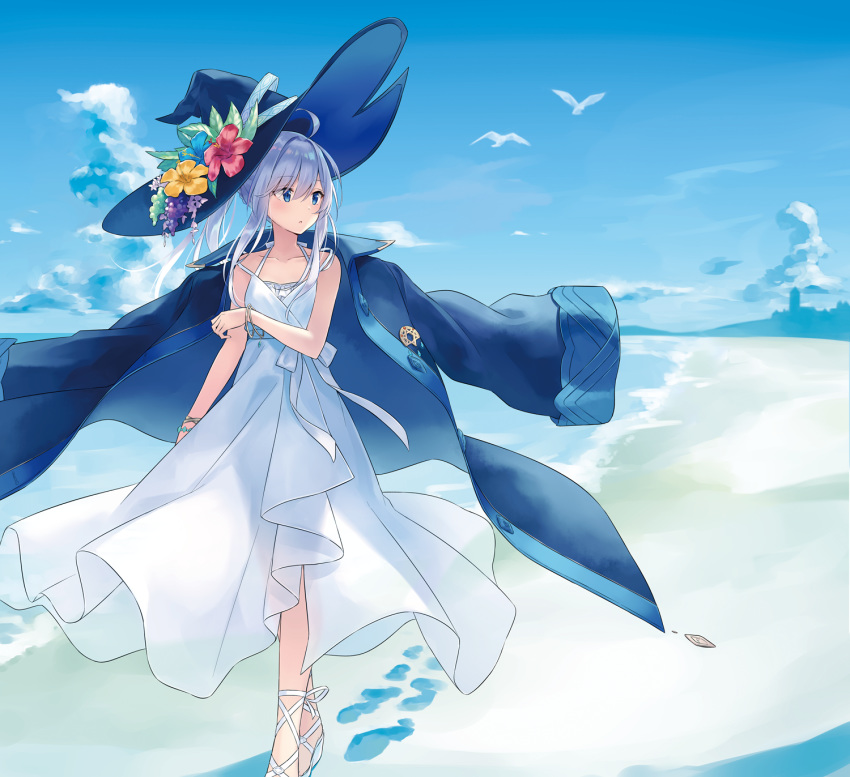 azuuru bangle beach bird blue_coat blue_eyes blue_sky bracelet cloud cloudy_sky coat collarbone commentary_request day dress elaina_(majo_no_tabitabi) flock footprints hat hat_ornament highres horizon jewelry looking_to_the_side majo_no_tabitabi ocean official_art open_clothes open_coat outdoors sky solo sundress white_dress white_footwear white_hair witch_hat