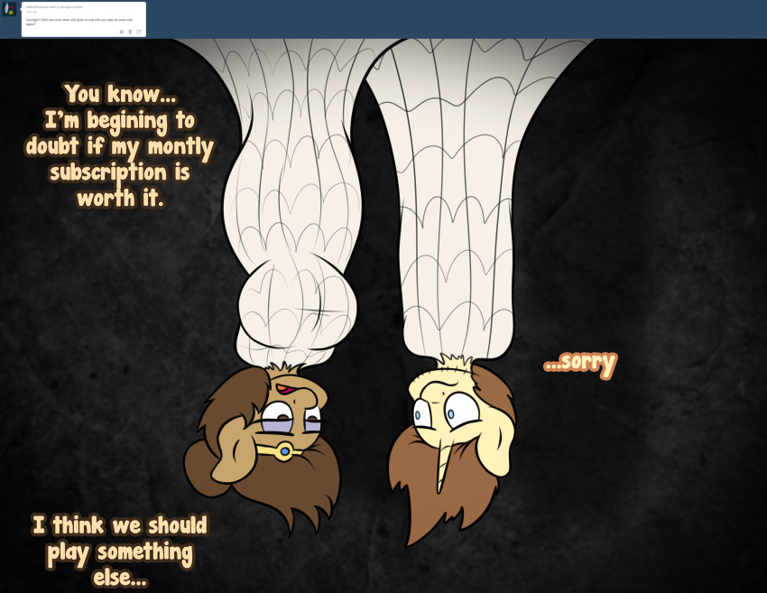 absurd_res anthro big_breasts breasts brown_eyes brown_hair cobweb duo english_text equine eyebrows eyelashes fan_character female georgia_lockheart hair hi_res horn male mammal my_little_pony oliver_cotter open_mouth stunnerpony suspension text tongue tumblr unicorn
