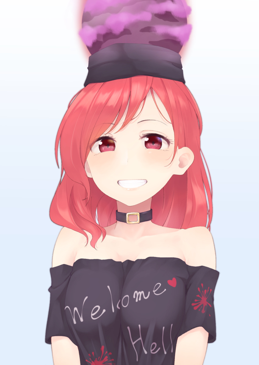 black_shirt blush breasts choker commentary_request eyebrows_visible_through_hair gradient gradient_background hecatia_lapislazuli highres kanpa_(campagne_9) looking_at_viewer medium_hair off-shoulder_shirt off_shoulder polos_crown red_eyes red_hair shirt short_sleeves smile solo teeth touhou