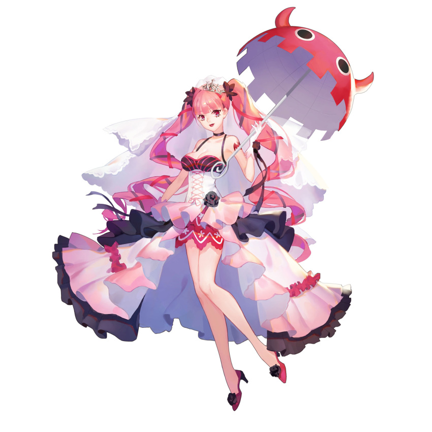 :d breasts choker cleavage collarbone diadem dress dywx_poison floating_hair full_body hair_ribbon highres holding long_hair looking_at_viewer medium_breasts one_piece open_mouth perona pink_hair red_eyes red_ribbon ribbon simple_background smile solo standing twintails very_long_hair white_background