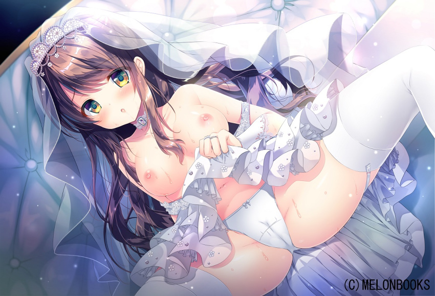 bare_shoulders bow bow_panties breasts bridal_veil brown_eyes brown_hair cameltoe collarbone commentary_request couch dress dress_lift dress_pull dutch_angle garter_straps jewelry lifted_by_self long_hair medium_breasts melonbooks mizuki_yuuma navel nipples on_couch original panties ring sitting solo spread_legs thighhighs underwear veil very_long_hair watermark wedding_band wedding_dress white_dress white_legwear white_panties