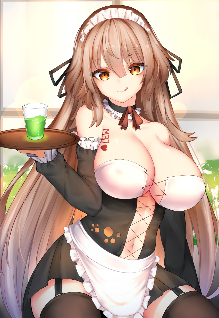:q absurdres alternate_costume apron bangs bare_shoulders black_legwear black_ribbon black_skirt blush bodypaint breasts brown_hair cafeteria character_name chixiao cleavage closed_mouth collarbone covered_nipples day detached_collar detached_sleeves enmaided eyebrows_visible_through_hair frilled_sleeves frills garter_straps girls_frontline hair_between_eyes hair_ribbon head_tilt heart highres holding holding_tray indoors ithaca_m37_(girls_frontline) large_breasts long_hair looking_at_viewer maid maid_headdress main navel no_bra orange_eyes paw_print_pattern ribbon sidelocks skirt smile solo stomach thighhighs tongue tongue_out tray very_long_hair window