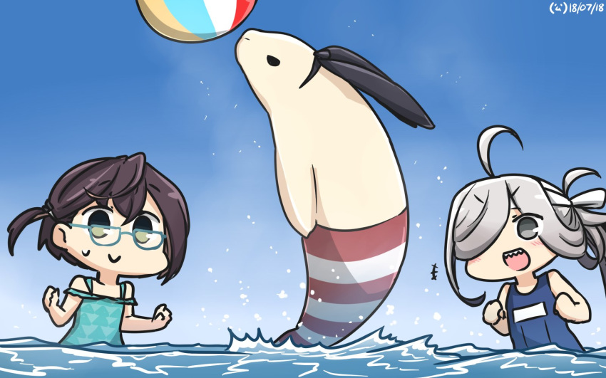 :d ahoge animalization asashimo_(kantai_collection) ball beachball blue_swimsuit blush brown_hair commentary dated glasses green_eyes hamu_koutarou highres kantai_collection multiple_girls ocean okinami_(kantai_collection) one-piece_swimsuit open_mouth sharp_teeth shimakaze_(kantai_collection) shimakaze_(seal) silver_hair smile swimsuit teeth v-shaped_eyebrows