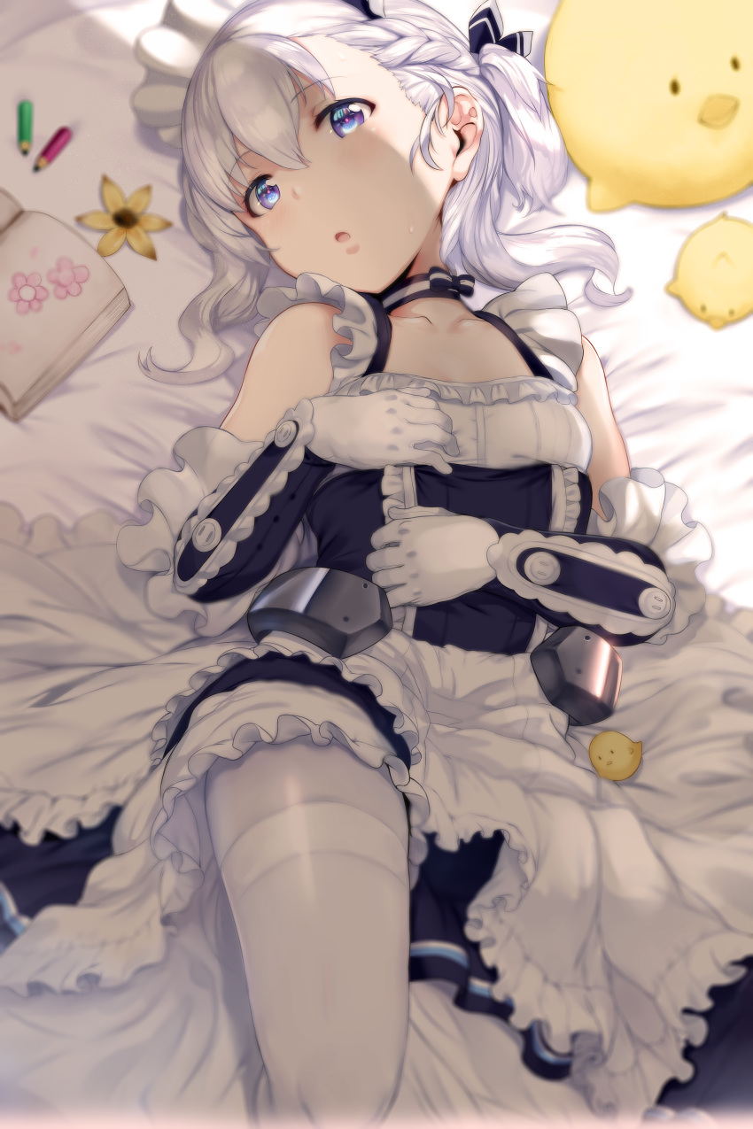 absurdres apron azur_lane belchan_(azur_lane) belfast_(azur_lane) blurry braid breasts choker collarbone depth_of_field dress eyebrows_visible_through_hair flower french_braid gloves hair_between_eyes hews_hack highres huge_filesize indoors lying maid_headdress on_back one_side_up paid_reward pantyhose parted_lips patreon_reward purple_eyes ribbon_choker small_breasts solo stuffed_animal stuffed_toy sweatdrop thighband_pantyhose waist_apron white_gloves white_hair white_legwear