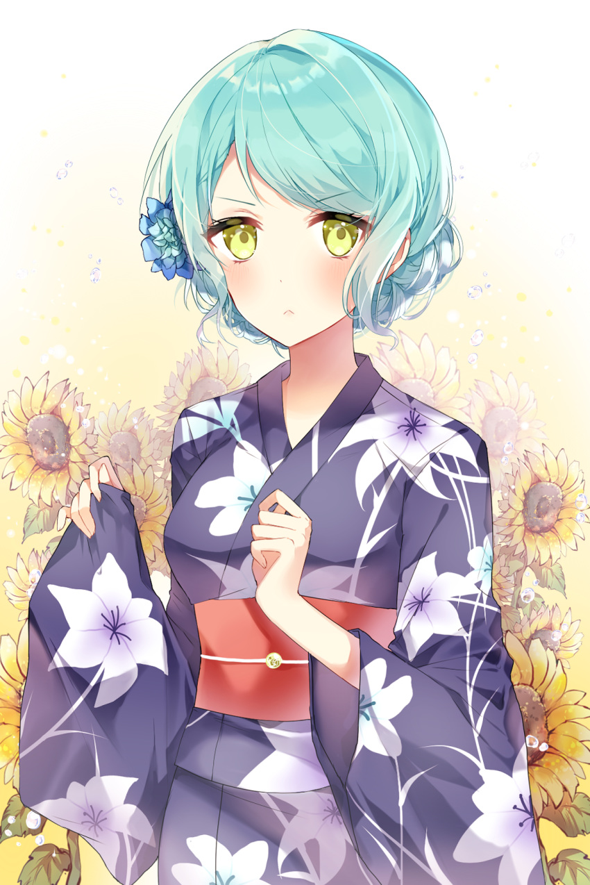&gt;:( alternate_hairstyle aqua_hair bang_dream! blue_flower clenched_hand floral_background floral_print flower green_eyes hair_bun hair_flower hair_ornament hair_up highres hikawa_sayo japanese_clothes kimono looking_at_viewer obi sash solo sunflower taya_5323203 upper_body water_drop wide_sleeves