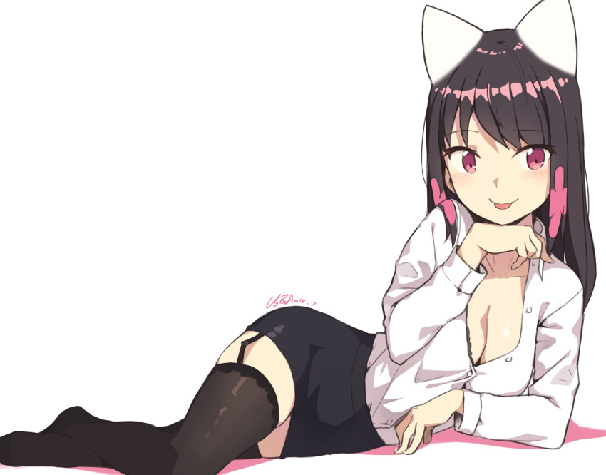 animal_ears artist_name bangs black_legwear black_skirt blush breasts brown_hair buttons cat_ears cleavage cloba collarbone commentary english_commentary eyebrows_visible_through_hair fake_animal_ears full_body garter_straps highres long_hair long_sleeves looking_at_viewer lying on_side original pencil_skirt pink_eyes pink_hair shirt simple_background skirt teacher thighhighs tongue tongue_out white_background white_shirt