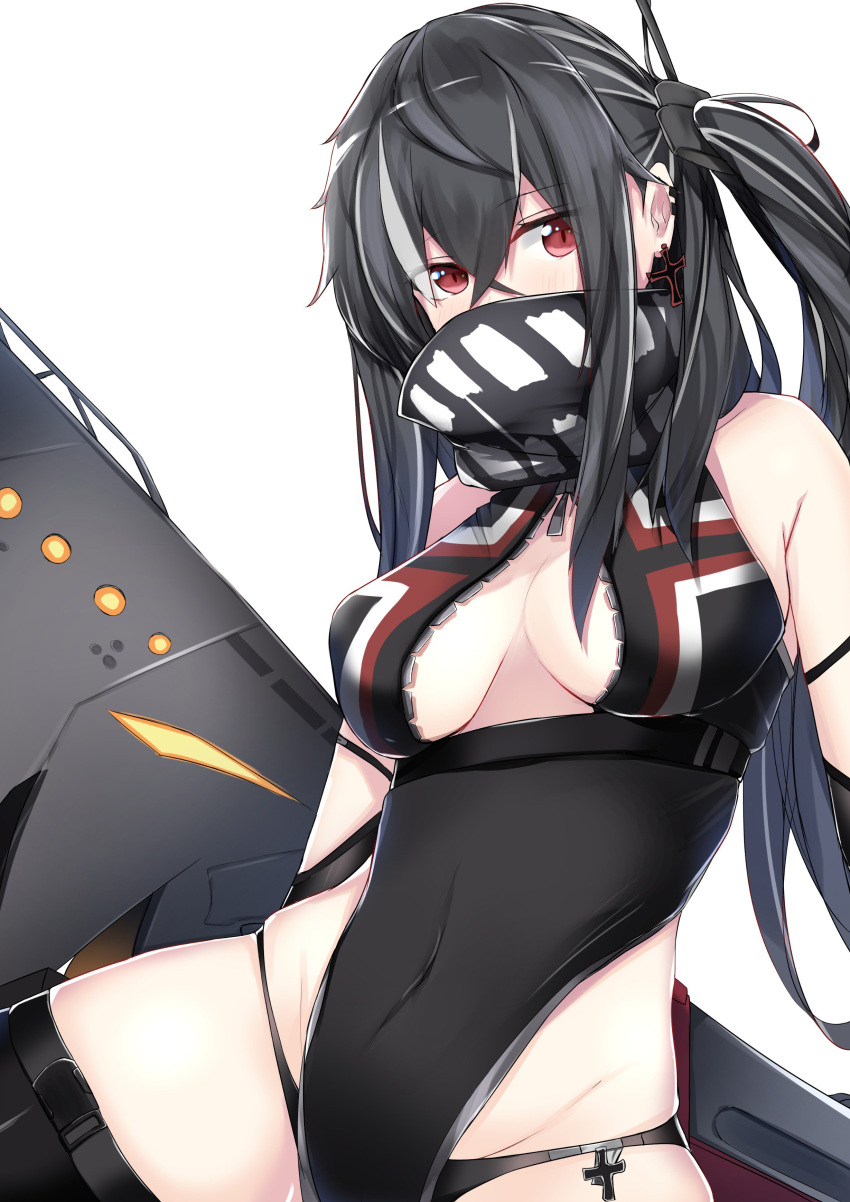 absurdres azur_lane bandana_over_mouth bangs bare_shoulders bikini bikini_bottom black_bikini black_earrings black_gloves black_hair black_legwear black_leotard blush breasts commentary covered_navel elbow_gloves gloves hair_between_eyes highres iron_cross leotard long_hair looking_at_viewer medium_breasts multicolored_hair nanakaku one-piece_swimsuit one_side_up red_eyes side_ponytail simple_background swimsuit thighhighs torpedo two-tone_hair u-47_(azur_lane) white_background white_hair
