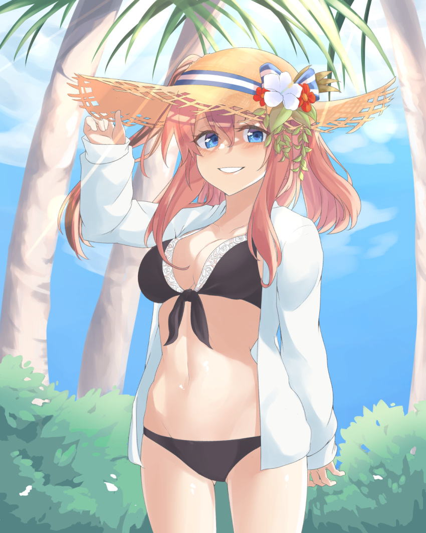 bikini black_bikini blue_eyes blue_sky blush breasts brown_hair cloud day flower grass hair_between_eyes hat hat_ornament hat_ribbon highres kantai_collection looking_at_viewer medium_breasts palm_tree ponytail ribbon saratoga_(kantai_collection) sky solo standing straw_hat sun_hat sunlight swimsuit swimsuit_under_clothes tiasis tree