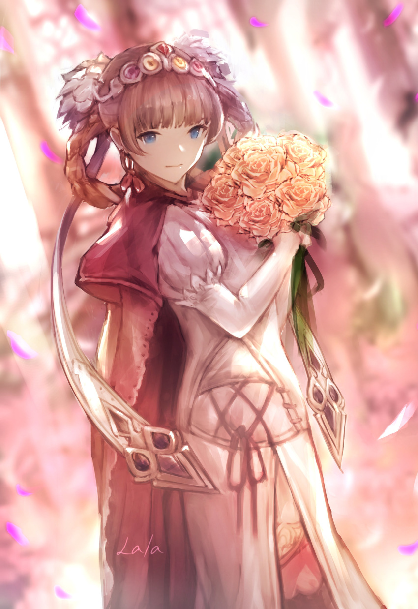 absurdres bangs blonde_hair blue_eyes blunt_bangs bouquet braid breasts brown_hair cape closed_mouth commentary dress elbow_gloves flower gloves granblue_fantasy hair_ornament hair_rings hairband highres holding holding_bouquet jewelry juliet_(granblue_fantasy) lala_(0915_yu) long_hair medium_breasts multicolored multicolored_background pink_hair puffy_sleeves red_cape signature solo tiara white_dress white_gloves